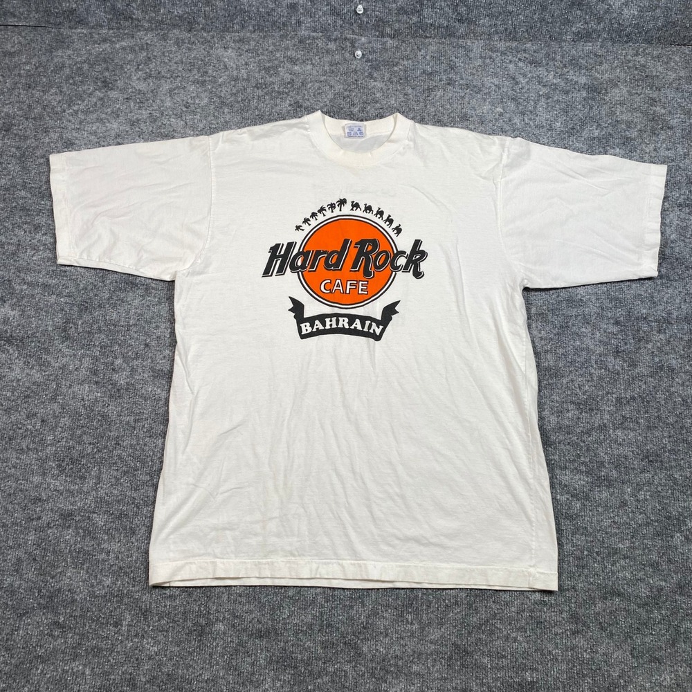 Hard Rock Cafe Bahrain Vintage Graphic T-Shirt White XL Mens Map Back Print